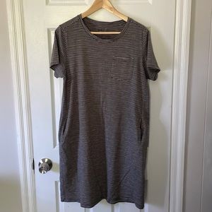 Pact Organic Maternity Pocket T-Shirt Dress, Grey Pinstripe, Large